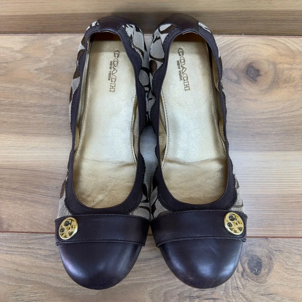 Coach Chelsea Ballet Flats Y2K 7.5 Brown Signature Cap Toe Stretch Casual Office